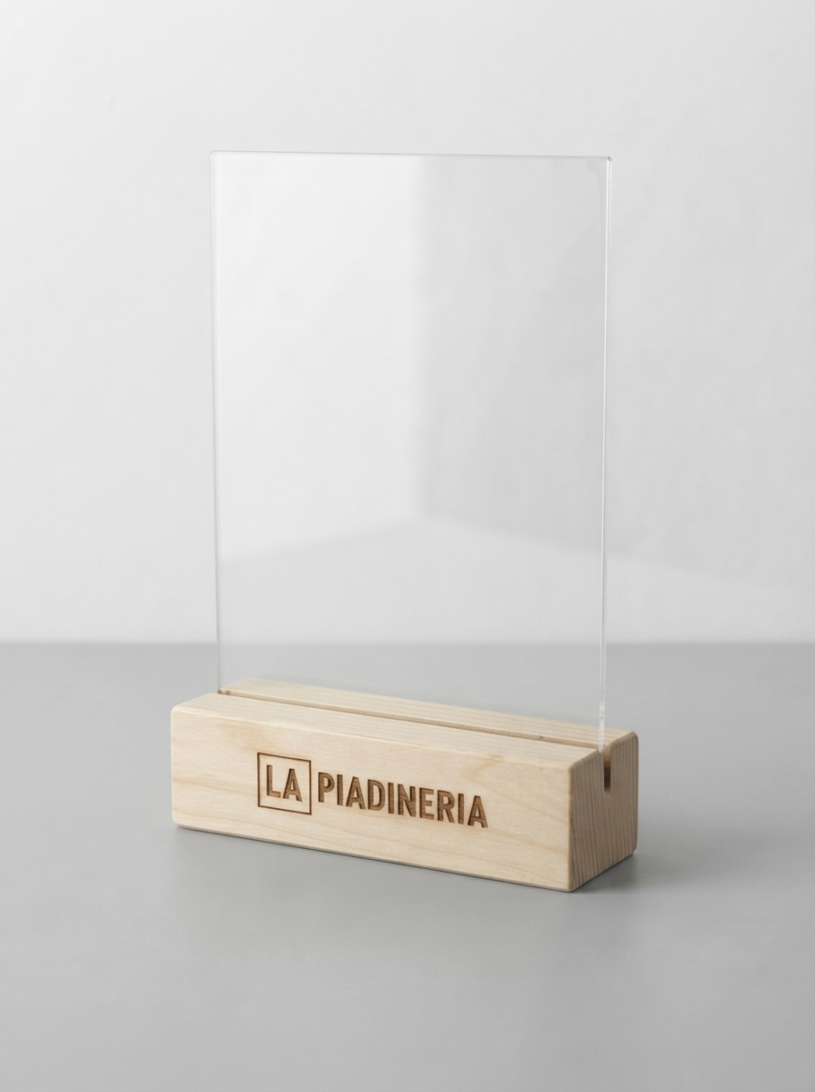 porta comunicazione plexiglass con base legno con incisione